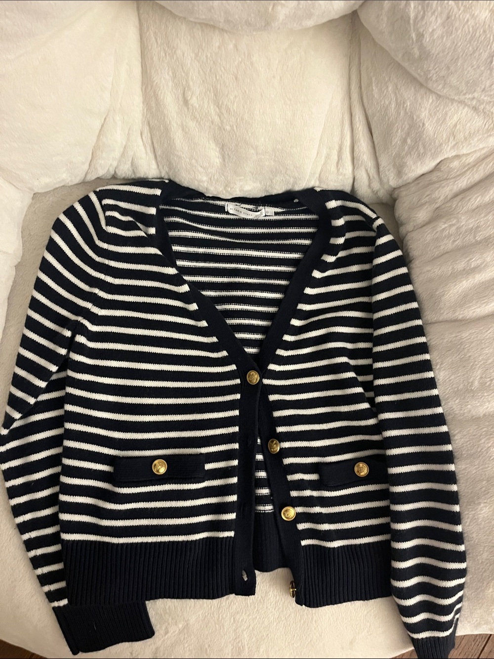 Striped Navy & White V-Neck Button Cardigan Sweater
